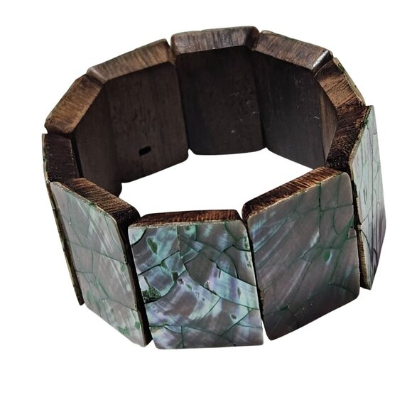 Handcrafted Boho Wooden Bracelet Iridescent Shell Tiles Beach Core Jewelry Women - Picture 1 of 4